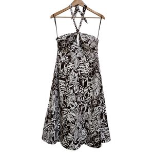 Robbie Bee Halter Dress 12 Brown White Floral Tropical Flare Resortware Hawaiian